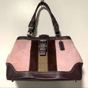 Coach Hampton Striped Pink Suede Satchel F11345